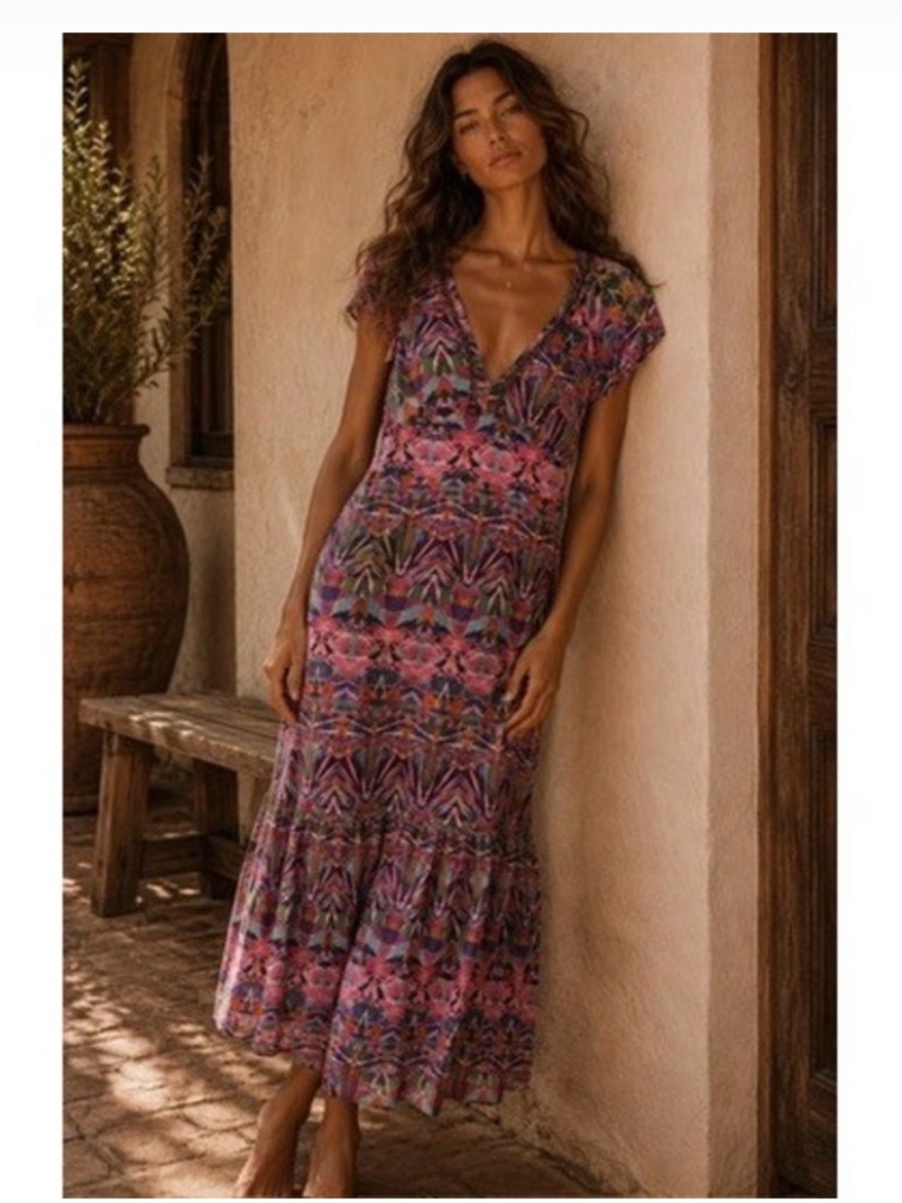 Women's Pink Multicolor V-Neck Maxi Dress
